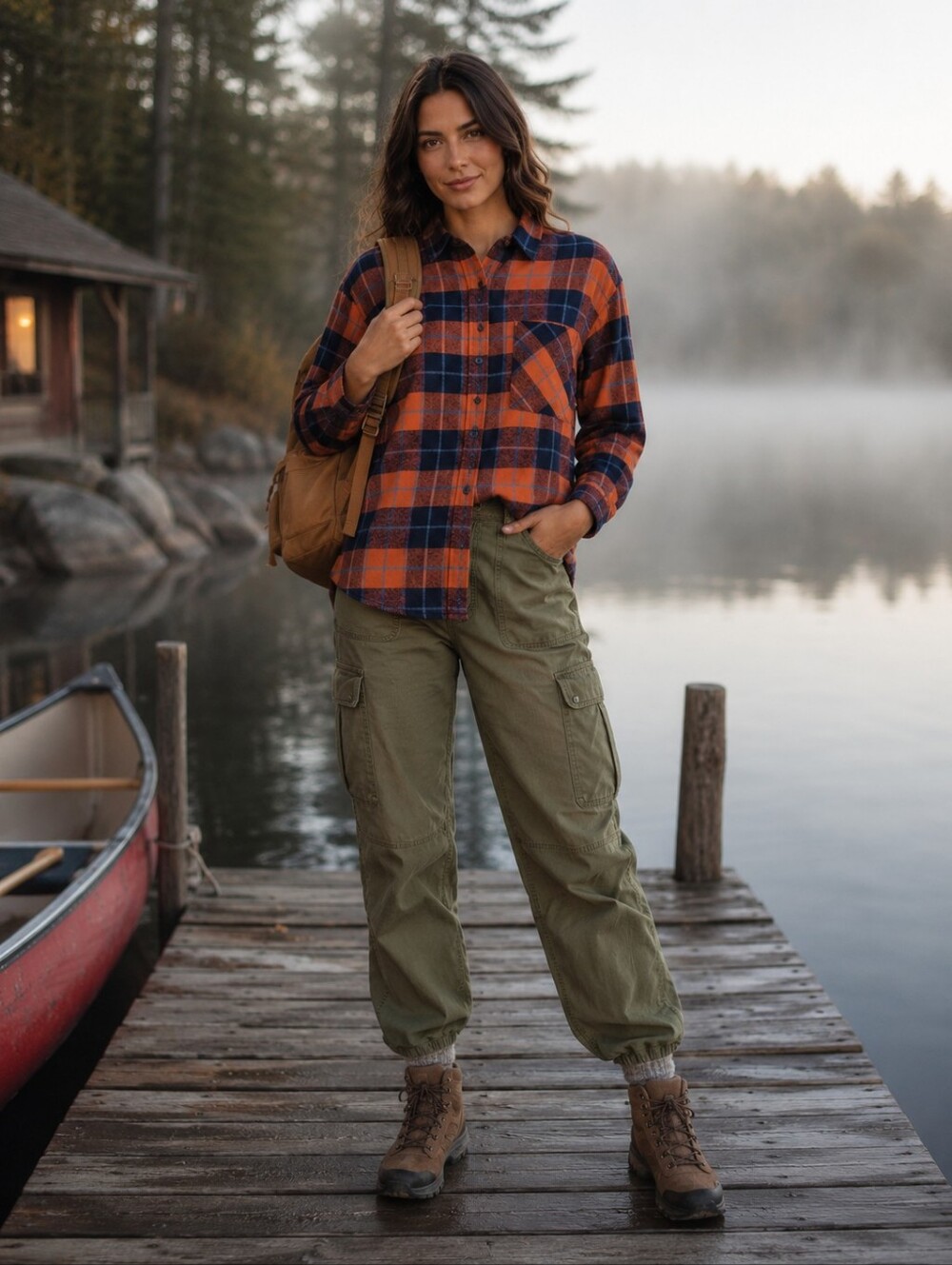 Kyodan Outdoor Plaid Flannel Shirt | Orange & Navy | Size Large
